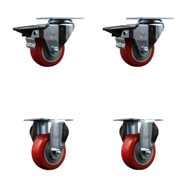 3'' Red Poly Wheel Swivel Top Plate Caster Set with 2 Posi Brakes 2 Rigid, 4PK